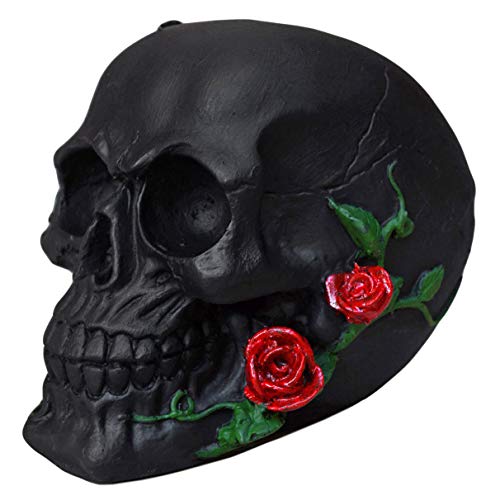 Crânio Caveira Rosas na Boca Esqueleto Osso Preto de Resina