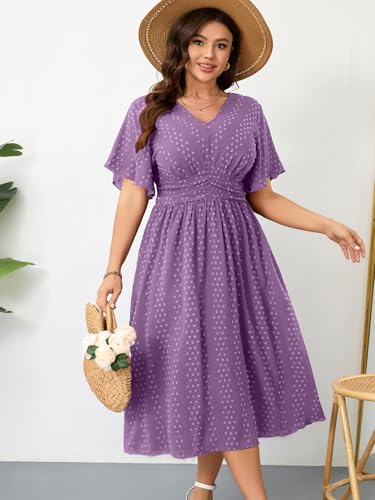 Image of RWJ Women's Plus Size Maxi Dress V Neck Short Sleeve Swiss Dot A Line High Waist Boho Swing Casual Summer Dresses