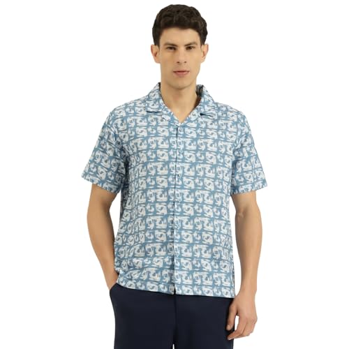 Image of United Colors of Benetton Relaxed Fit Resort Collar Printed Linen Blend Stroke Shirt