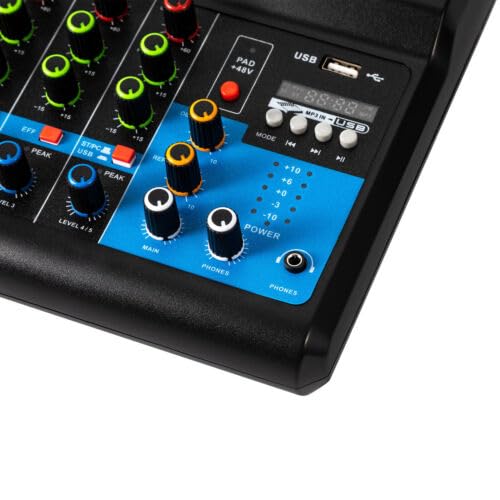 Audio DJ Mixer Soundboard Console System, 5-Kanal 48V Phantomspeisung mit Bluetooth USB MP3 Stereo Live DJ Studio Streaming für professionelle Aufnahmen Parties auf KTV Bühne