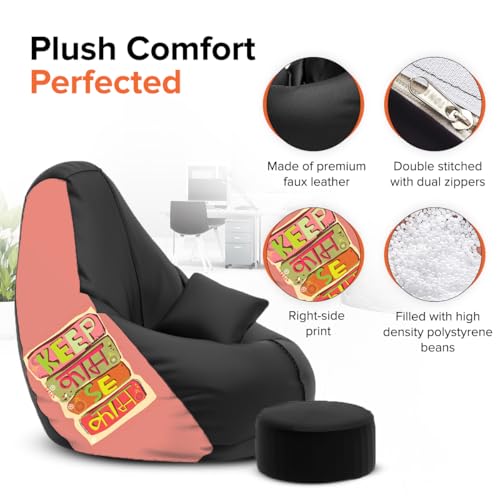 Image of Amazon Brand - Solimo Premium Faux Leather Bean Bag Combo with Footrest & Cushion, Filled with Beans | Capacity: Upto 6 Ft 3 in Height, 120 KG Weight | 4XL | Keep Kaam Se Kaam | Black