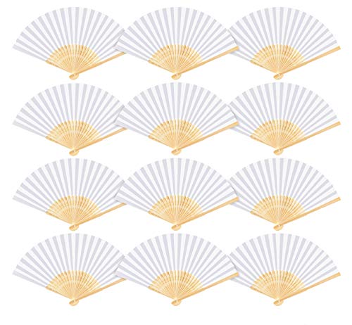 12 STK Papierfächer Handfächer Weiß - Taschenfächer Faltfächer mit Organzabeutel,Fächer Faltbar Gastgeschenk für Sommer Hochzeit DIY Geburttag Party Wand Deko