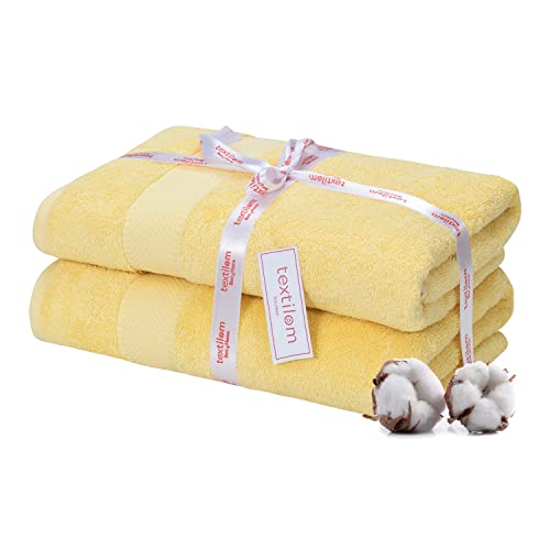 Textilom 100% Turkish Cotton 2 Pcs Bath Towel Set, Luxury Bath Towels For Bathroom, Soft & Absorbent Hotel Quality Bathroom Towels Set (27 X 54 Inches)- Yellow #TOP20