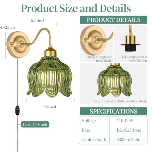 Image of Vintage Plug in Wall Sconces Set of Two,Dimmable Wall Sconces Lights with Plug in Cord & Glass Lampshade,Gold Flower Hanging Wall Sconces Wall Decor Set of 2 Plug in Wall Lamp Sconces for Bedroom