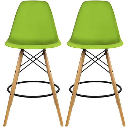 2Xhome Set Of 2 Modern 28" Plastic Barstools With Wooden Dowel Legs, Contemporary Armless Counter Stools With Back And Footrest, Green #TOP27