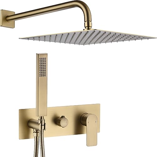 Square Concealed Brass Shower System, 12" Rainfall with Handheld Head