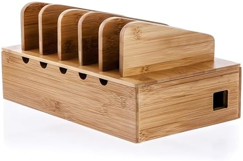 Prosumer’s Choice Natural Bamboo Charging Station Rack for Smartphones and Tablets | Simple All-in-one Organizer, with Removable Dividers, Perfect to Work from Home