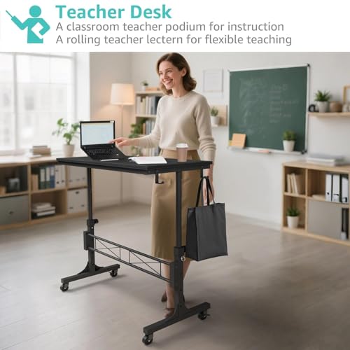 Image of WINAZ Small Portable Rolling Standing Desk - 32 Inch Adjustable Height Mobile Teacher Podium on Wheels for Classroom, Stand Up Desks for Treadmill Walking Pad, Couch Sofa Side Laptop Table, Black