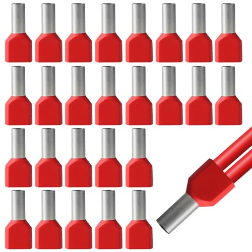 Aoyfuwell 100 Stück Aderendhülsen 10mm2 Twin Aderendhülsen 10mm Doppelt Set Kabelflächen für Kabelverbindungen Doppel Rot Twin Zwilling Aderendhülsen Set Isoliert(10mm2x13mm)