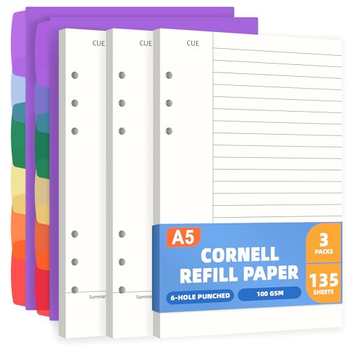 Antner A5 Cornell Notes Refill Paper for A5 6-Ring Binder, 135 Sheets 6-Hole Filler Paper with Note/Cue/Summary Sections & 12 Dividers for Refillable Notebook, Bullet Journal & Meeting Planner Inserts