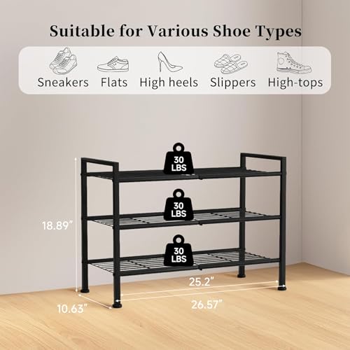 Image of 3-Tier Shoe Rack, 26.5 inch Wide Metal Storage Organizer for Closet Entryway,Holds up to 9 Pairs Shoes, Heavy-Duty Stand for Shoes, Books, or Plants (Black)