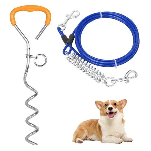 Bodenanker Hund 42cm×9mm,Robust Und Langlebig,Hundeleine zum Training mit Drehhaken Und Stoßdämpfender Feder,Hundespikes für Den Boden Spiralförmig,für Garten Strand Rasen Outdoor (blau)