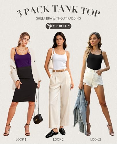 Image of V FOR CITY Unpadded Tank Top for Women with Shelf Bra Cotton Camis 3 Pack