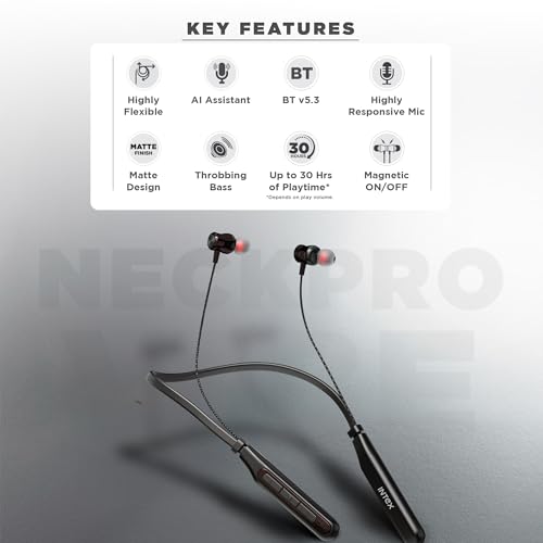 Image of Intex NeckPro Vibe Wireless Neckband Earphones with 30H Playtime | Bluetooth v5.3, AI Assistant | Magnetic Earbuds, Type-C Fast Charging | Deep Bass & HD Mic for Calling - Black
