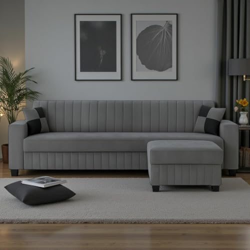 Image of FURNY Gracinta Fabric 4 Seater Convertiable L Shape Sofa Set 3Seater Modern Sofa Set & Ottoman for Living Room (Dark Grey) with Velvet Fabric | Durable Comfort | Modern Design | IDE