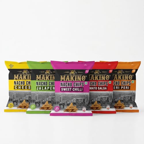 Image of Makino Corn Chips Nachos Pack of 5 (60g Each) | Assorted Healthy Snacks & Low Calorie Munch | Nachos Chips in Fresh Flavors: Cheese, Jalapeno, Sweet Chilly, Peri Peri & Salsa | 40% Less than Regular Potato Chips | No MSG & Zero Human Touch Technology