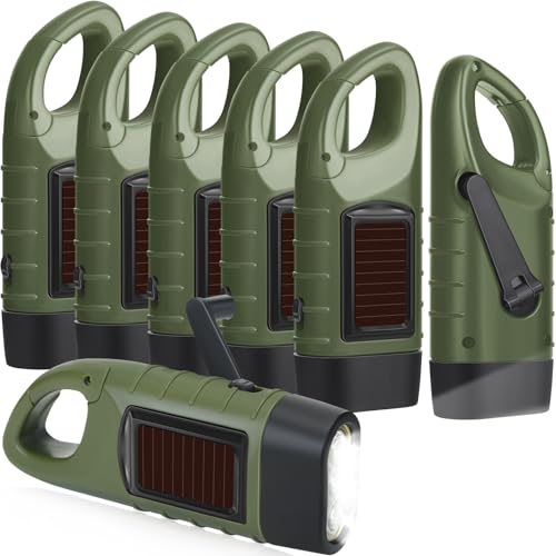 Mudder 6 Pcs Hand Crank Solar Powered Flashlights Emergency Rechargeable LED Handheld Flashlights for Survival Gear Outdoor Sports Camping Hiking Backpack Safety (Green)