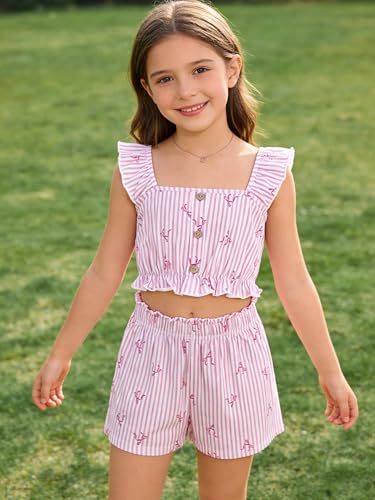 Image of Girl's Summer Clothing Sets Knit Ruffle Striped T-Shirt and Shorts 2 Piece Outfits