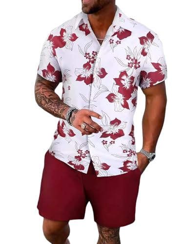 Image of Yimoon Men's Summer 2 Piece Outfits Tropical Print Short Sleeve Button Down Hawaiian Beach Shirt and Shorts Set