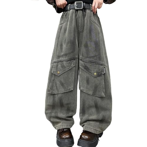 Cargo Pants for Girls Casual Baggy Streetwear Wide Leg Elastic Waist Sweatpants Kids Loose Fit (Grey, 11-12 Years)