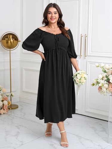 Image of CICIDUDU Women's Plus Size Maxi Dress Wedding Guest Half Sleeve V Neck Bowknot Smocked Milkmaid Flowy Dresses for Women