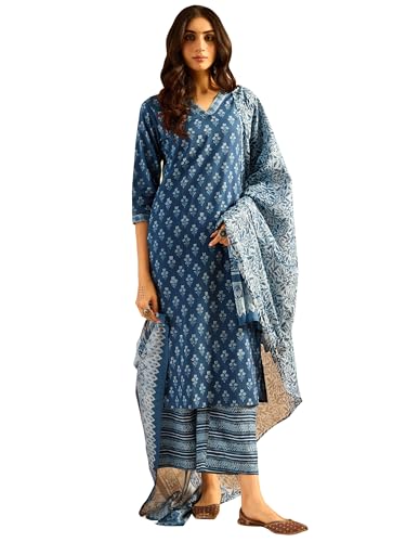 Image of INDO ERA Women's Pure Cotton Printed Straight Kurta & Pant with Dupatta Set