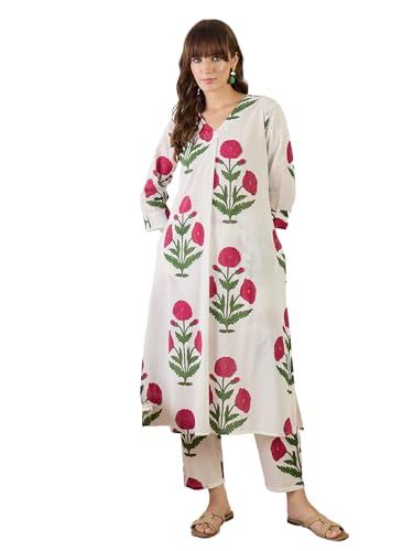 Image of INDO ERA Women's White Pure Cotton Printed Straight Kurta & Pant Set (KS0WH6702)