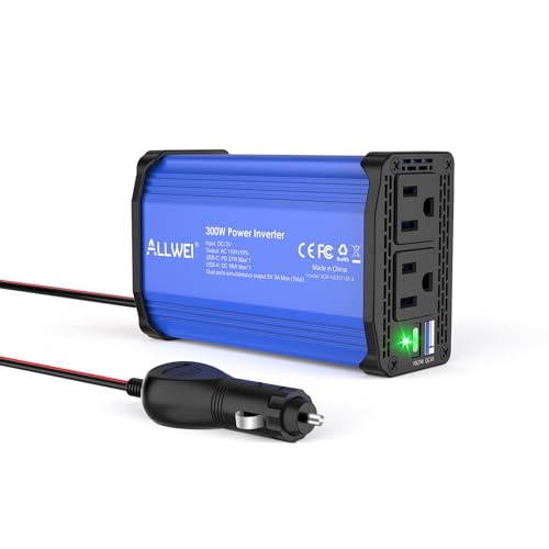 ALLWEI 300W Car Power Inverter, DC 12V to 110V AC Converter Car Plug Adapter Outlet with 27W PD USB-C & 18W USB-A Fast Charge, Car Cigarette Lighter Charger for Phone, Laptop, Tablet - Blue