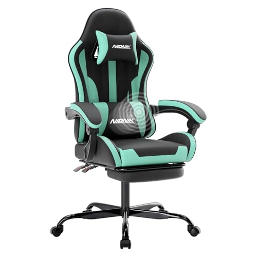NIONIK Bürostuhl Gaming Stuhl, Gamer Stuhls Computerstuhl mit Fußstütze, Gepolstert Gaming Chair,Gaming Sessel für Erwachsene, Drehsessel Schwarzes Minzgrün