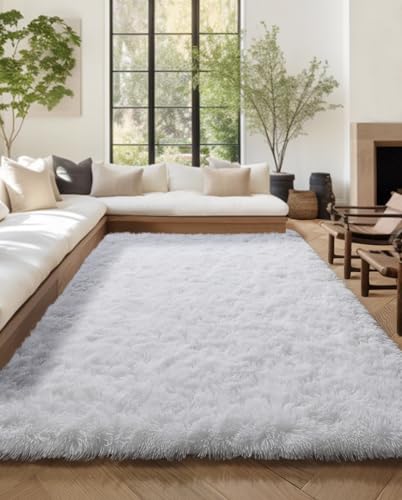 Image of PAGISOFE Fluffy Shaggy Area Rug 5x8, Plush Rugs for Living Room, Fuzzy Rugs for Nursery, Furry Rugs for Girls Boys Bedroom, Shag Carpet for Dorm Room, Soft Rugs for Kids Playroom Decor,Office White