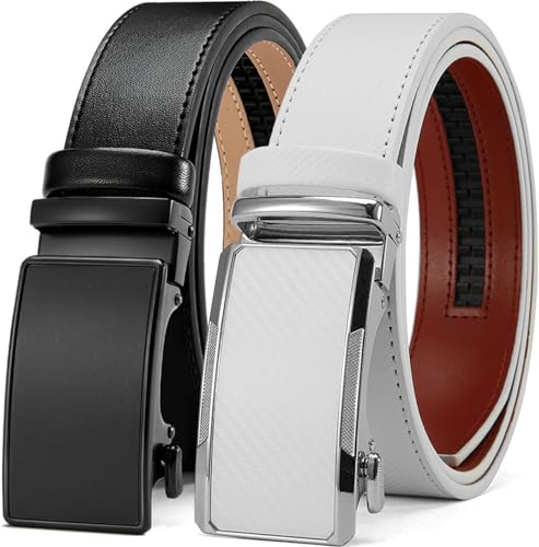 Image of Men's Ratchet Leather Belt Set - 2 Pack Sliding Belt Adjustable For Gift Mens Dress Casual 1 3 /8 inch,Cut for Fit