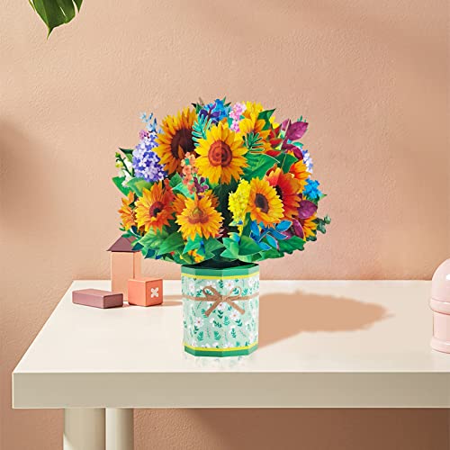 Sunflower Bouquet 3D Birthday Pop Up Cards, 3.9 X 8.7" Greeting Card Paper Flowers, Floral Gift Paper Bouquet Flowers Anniversary Card, Card For Wife, Card For Mom, Mothers Day Card With Note Card And Envelope #TOP5