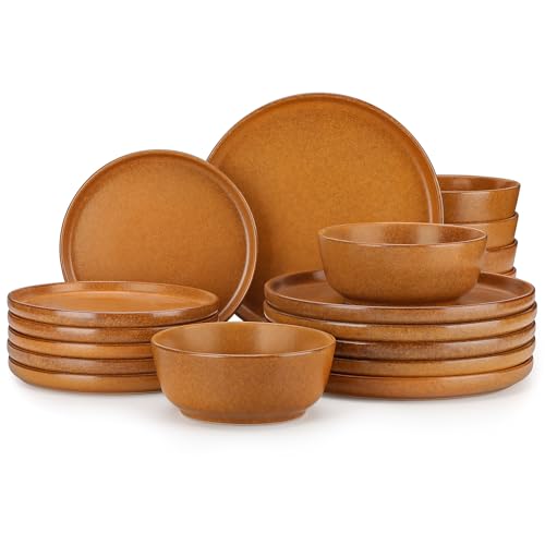 Image of vancasso Plates and Bowls Sets, 18 Pieces Stoneware Dinnerware Set for 6, Ceramic Dish Set for Kitchen, Microwave and Dishwasher Safe, Caramel Yellow, Series ZERMATT
