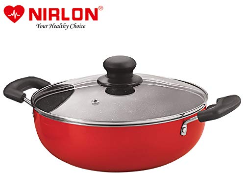 Image of Nirlon Ruby Granite 7-Piece Aluminium Non Stick Cookware Gift Set with Glass Lid & 3 Spoon (Color-Red) (Compatible with All Gas & stovetops Only)