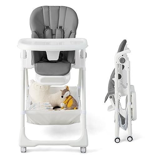 Maxmass Baby Highchair, Folding Infant Feeding Chair with Double Removable Tray, Storage Basket, 5-Point Harness & 4 Wheels, Adjustable Toddler High Chair for 6-36 Months (Grey)