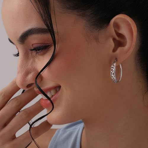 Image of TRUESILVER ACPL 925 Sterling Silver BIS Hallmarked Filigree Hoop Earrings for Women & Girls | Lightweight Designer Oval /Round Hoops | Everyday Wear | Gift for Her