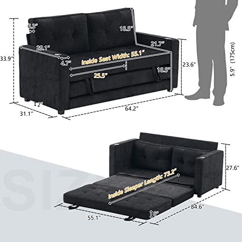 Vingli Upgraded 64" W 84" L Full Size Futon Sofa Bed, 6" Thick Upholstery Chenille Loveseat Sofa Sleeper Pull Out Couch,Convertible Floor Couch For Living Room, Bedroom, Entertainment Room, Black #TOP2