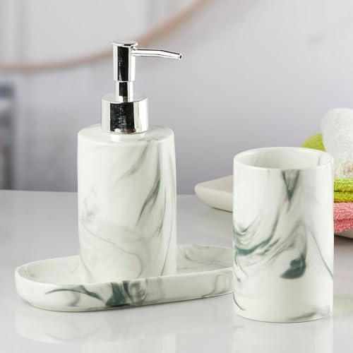 Image of SaSaSa Ceramic Bathroom Set of 3 Modern Bath Accessories Kit with Soap Dispenser, Toothbrush Holder & Dish - Stylish & Elegant Bathroom Decor, White /Black (7647)