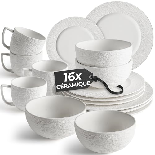 MIAMIO - Service de Table 16 Pièces Céramique – Vaisselle Moderne pour 4 Personnes – Assiettes, Bols et Tasses Blanc – Collection Oasis, Compatible...