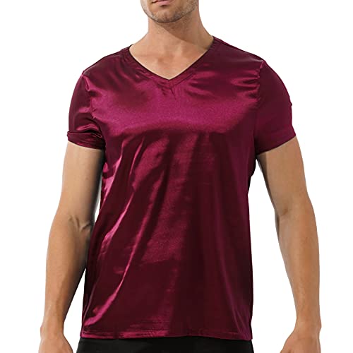 Jugaoge Men Satin Silk Shirt Short Sleeve T-Shirt Loose Tee Blouse Pajamas Tops Nightwear