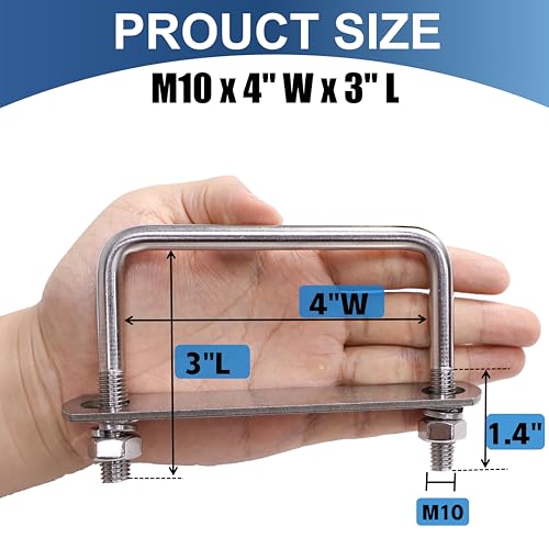 Image of 8 Pcs M10 Square U Bolts 4 Inch Wide, 3 /8 inch x 4 inchW x 3 inch L | 304 Stainless U Bolt Heavy Duty with Nuts,Bolt Plate and Washers,4 inch u bolt,Metric bolts