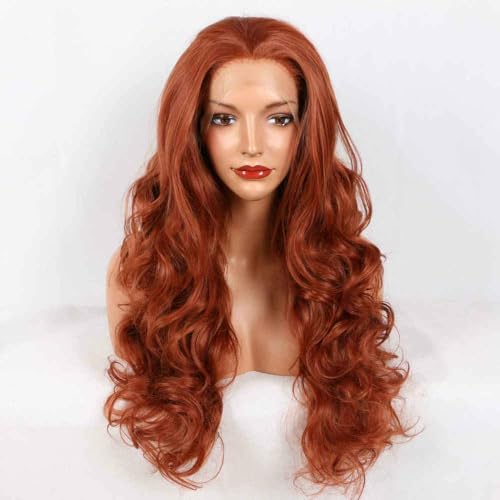 RainaHair 24inch Dark Orange Wig Body Wave Natural Hair Heat Resistant Synthetic Lace Front Wigs Flawless Hairline Cosplay Makeup for Drag Queen Free Part Women Wigs Long Hair Replacement Wig