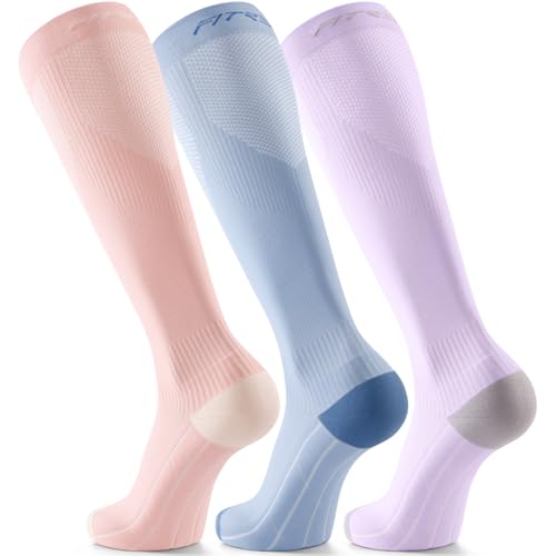 FITRELL 3 Pairs Compression Socks for Women and Men 20-30mmHg- Support Socks for Travel, Running, Nurse, Knee High, Cozy, Light Blue+Pink+Purple S/M