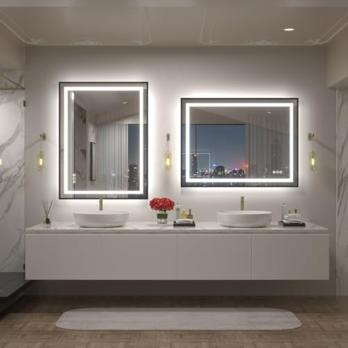 Image of 40x30 LED Bathroom Mirror with Black Frame, Dimmable Vanity Mirror with Lights for Wall, Backlit and Front Lighted, Memory, Anti-Fog, ETL Listed (Horizontal /Vertical)