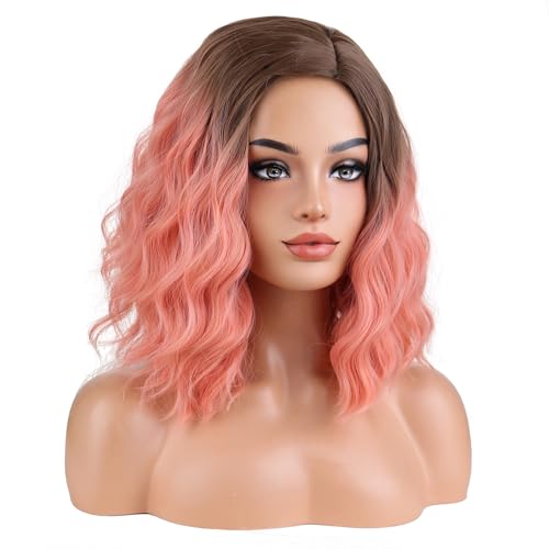 Image of BERON Blonde Ombre Orange Pink Wigs Short Curly Wave Wigs for Women Girls Shoulder Length Wavy Heat Resistant Synthetic Wig Cosplay Costume Party or Daily