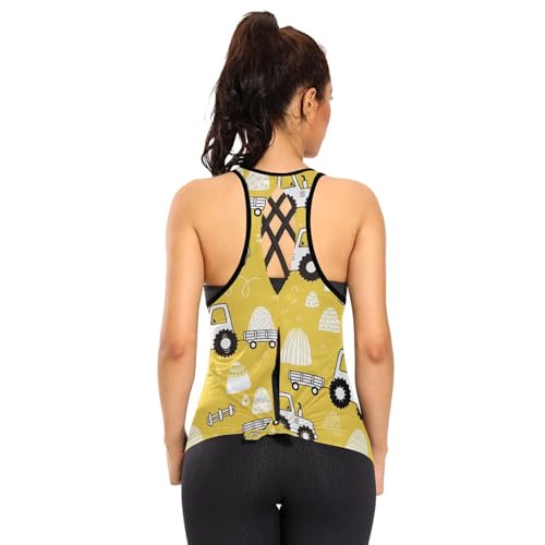 Tops de treino Tractor Doodle feminino sem mangas Tie Back Muscle Tank Running Yoga Tops, Trator Doo
