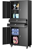 Metal Storage Cabinet With Wheels And Drawers,Rolling Garage Storage Cabinet With Locking Doors And Adjustable Shelves,73' Mobile Tall Large Metal Tool Cabinets With Locks For Home,Office,Garage