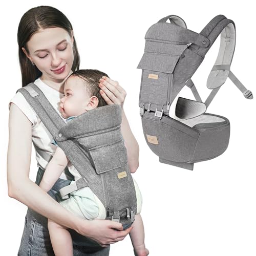 Baby Carrier with Hip Seat, 6-in-1 Baby Carrier Newborn to Toddler, Head Support and Breathable Mesh, Adjustable Removable Soft Ergonomic Baby Sling Carrier (7-41 lbs) for Everyday Family Events, Grey