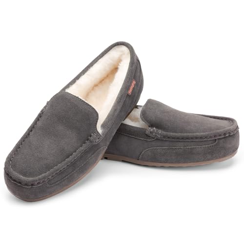 Parfeying Mens Indoor Outdoor Sheepskin Moccasins Slippers Memory Foam Driving Style Shoes M21105 Charcoal 10US