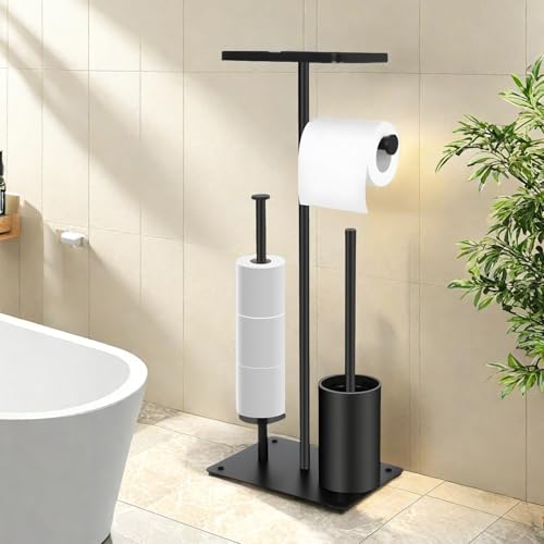 Toilettenpapierhalter Stehend & WC Bürstengarnitur - Rostfreier Metallständer mit Einfacher Montage, Platzsparende Klopapierhalter & Bürstenhalter Kombi (Schwarz Matt)